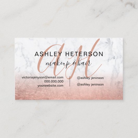 Makeup monogramed roos gold foil marble script visitekaartje (Achterkant)