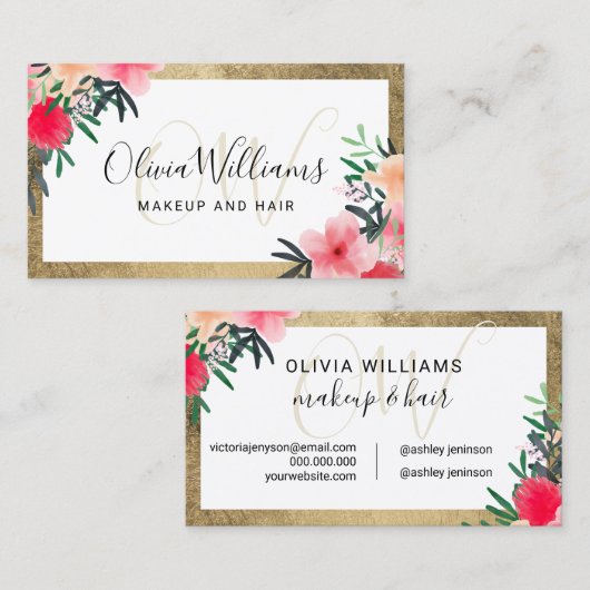 Makeup monogramme chic gold lijst floral script visitekaartje (Voorkant / Achterkant)