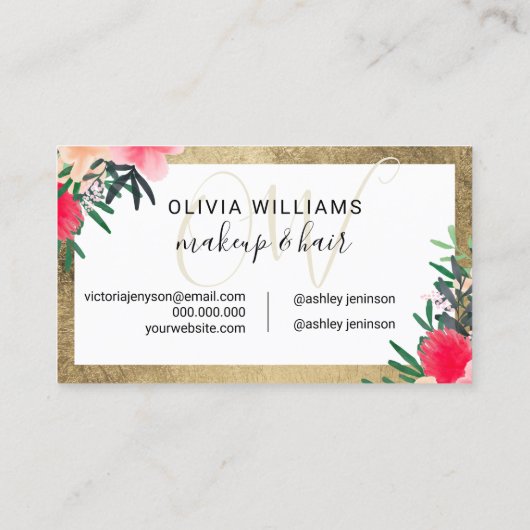 Makeup monogramme chic gold lijst floral script visitekaartje (Achterkant)