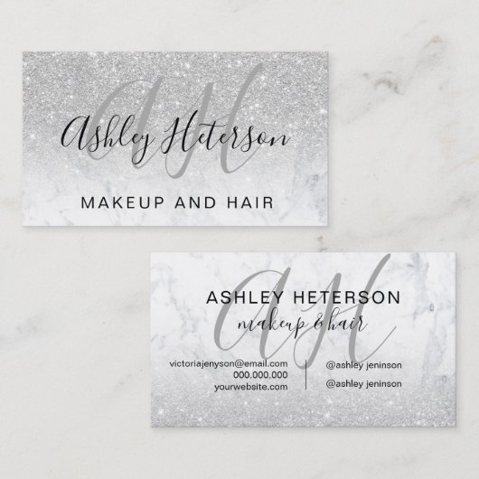Makeup monogramme marble Silver Glitter script Visitekaartje (Voorkant / Achterkant)