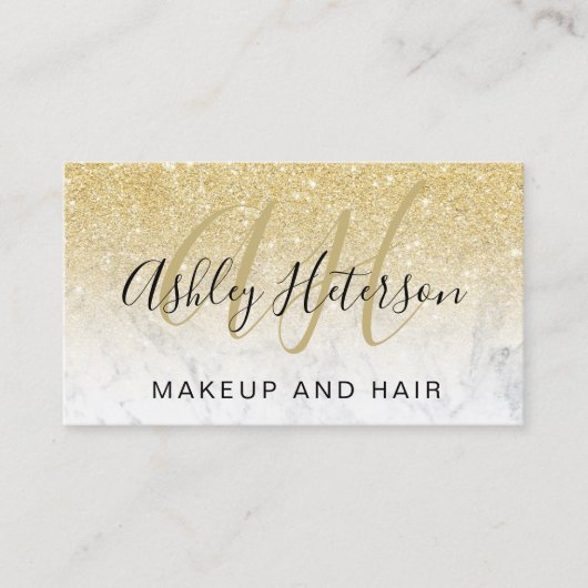 Makeup monogramme marmer chic gold glitter script visitekaartje (Voorkant)