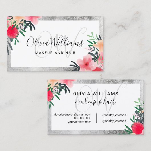 Makeup monogrammed Silver lijst floral script Visitekaartje (Voorkant / Achterkant)