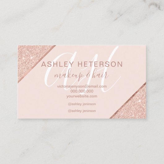 Makeup monogrammen roos goud glitter stripe roze visitekaartje (Achterkant)