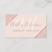 Makeup monogrammen roos goud glitter stripe roze visitekaartje (Voorkant)