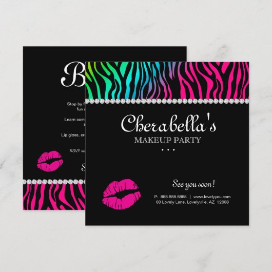 Makeup Party Invitation Zebra Rainbow Jewels Kaart (Voorkant / Achterkant)