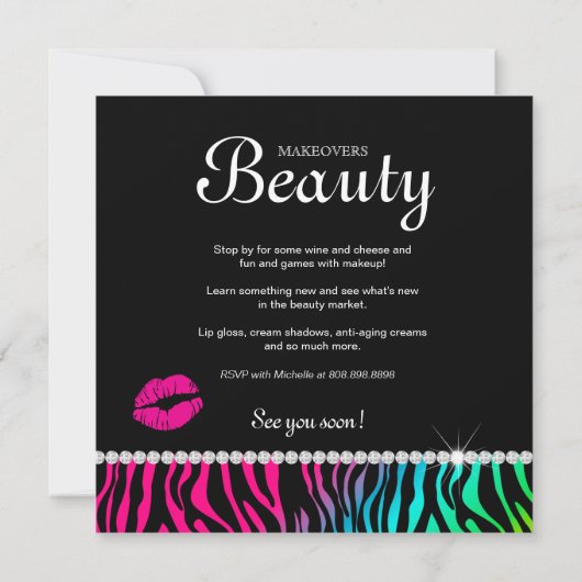 Makeup Party Invitation Zebra Rainbow Jewels Kaart (Achterkant)