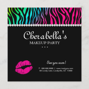 Makeup Party Invitation Zebra Rainbow Jewels Kaart