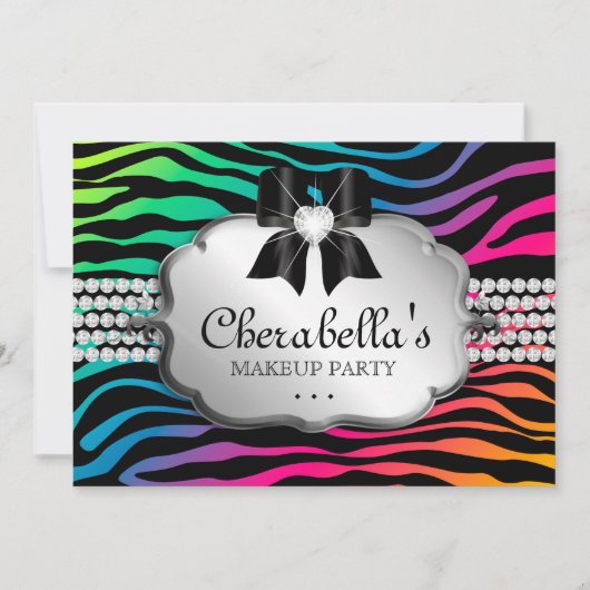 Makeup Party Invitation Zebra Rainbow Jewels Kaart (Voorkant)