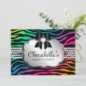 Makeup Party Invitation Zebra Rainbow Jewels Kaart (Staand voorkant)