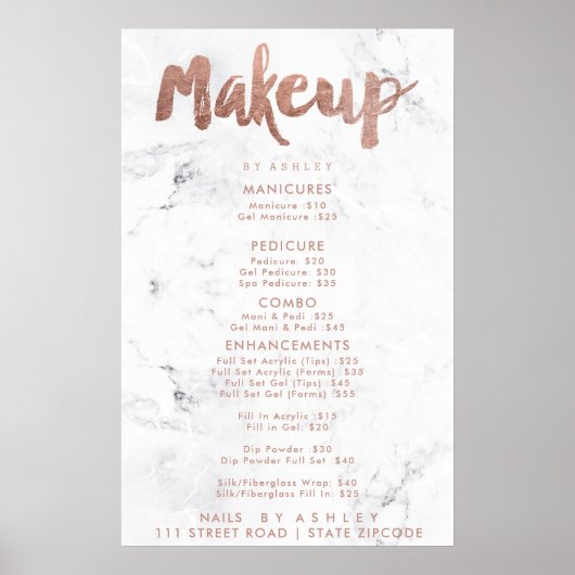 Makeup prijs typografie roos goud witte marmer poster (Voorkant)
