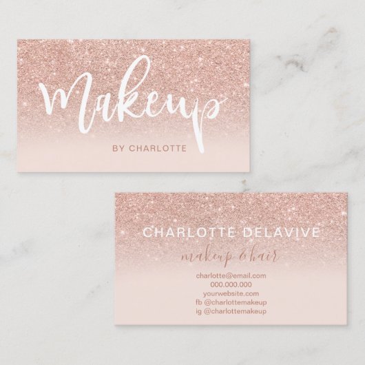 Makeup roos gold glitter blush ombre roze script visitekaartje (Voorkant / Achterkant)