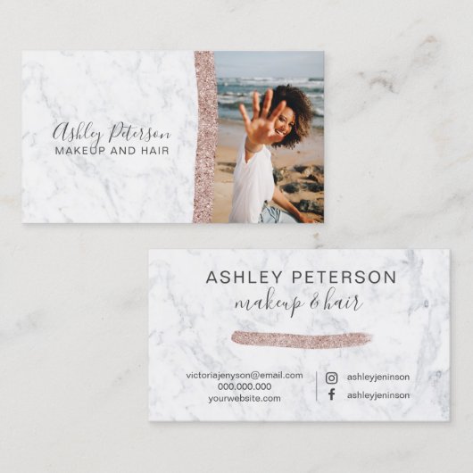 Makeup roos goud glitter marmer foto visitekaartje (Voorkant / Achterkant)