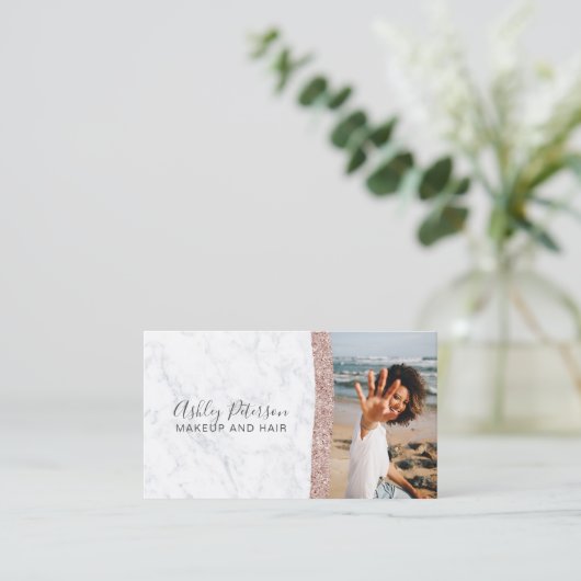 Makeup roos goud glitter marmer foto visitekaartje (Staand voorkant)