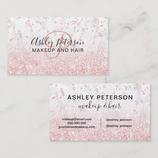 Makeup roos goud glitter marmer monogram ombre visitekaartje (Voorkant / Achterkant)