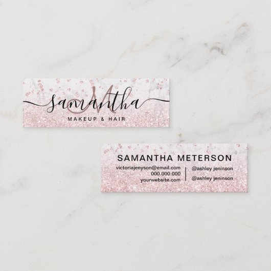Makeup roos goud glitter marmer sparkle confetti mini visitekaartje (Voorkant / Achterkant)