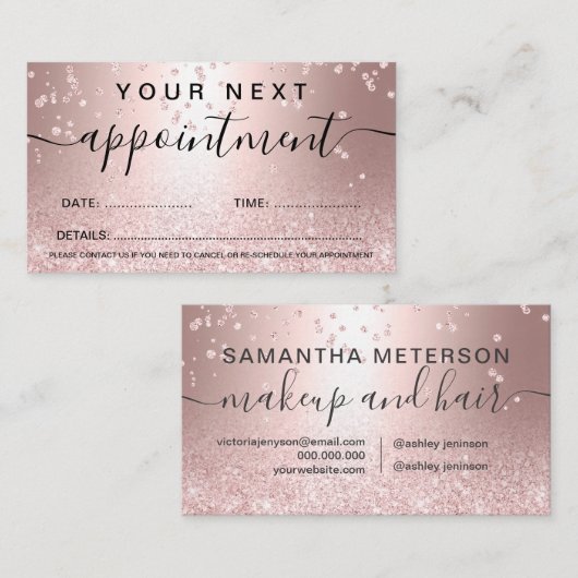 Makeup roos goud glitter metallic sparkle confetti afsprakenkaartje (Voorkant / Achterkant)