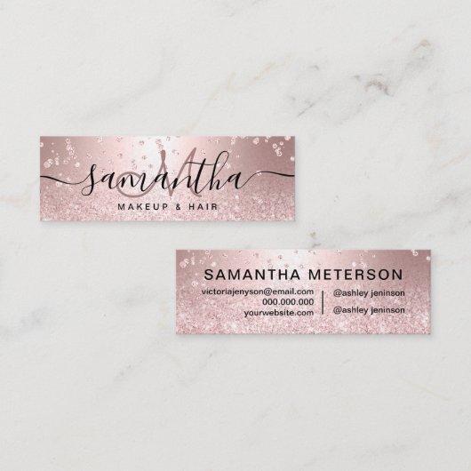 Makeup roos goud glitter metallic sparkle confetti mini visitekaartje (Voorkant / Achterkant)