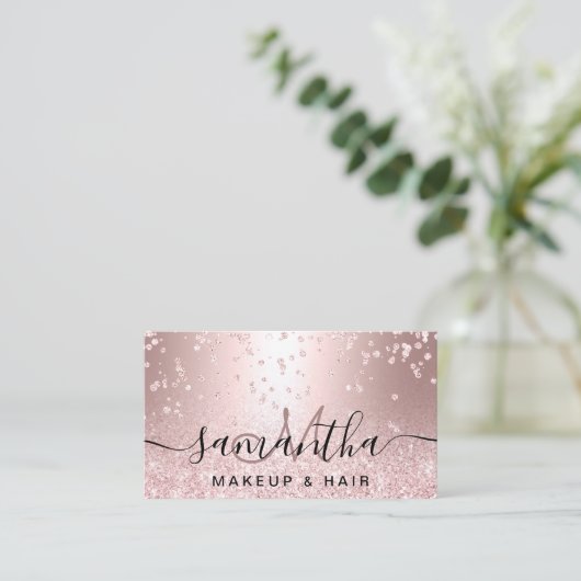 Makeup roos goud glitter metallic sparkle confetti visitekaartje (Staand voorkant)