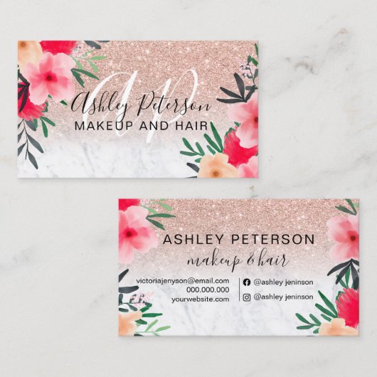 Makeup roos goudglitter visitekaartje (Voorkant / Achterkant)