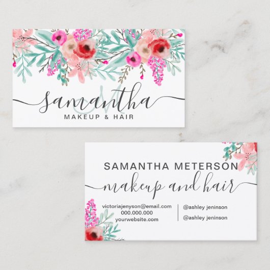 Makeup roze florale waterverf monogrammen visitekaartje (Voorkant / Achterkant)