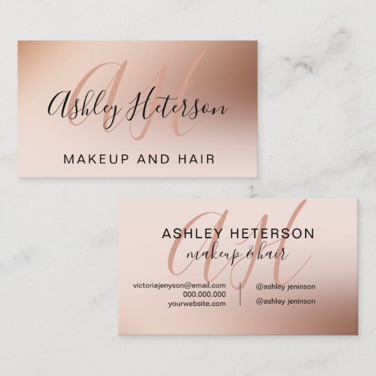 Makeup roze roze roze roodbladscript monogrammen visitekaartje (Voorkant / Achterkant)