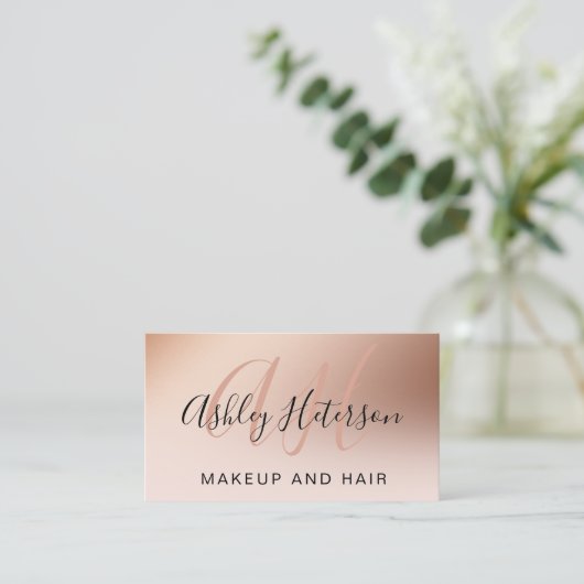 Makeup roze roze roze roodbladscript monogrammen visitekaartje (Staand voorkant)