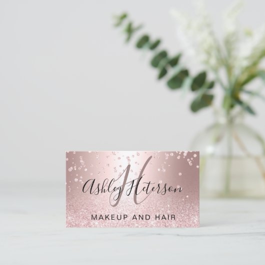 Makeup script confetti roos gold glitter metallic visitekaartje (Staand voorkant)
