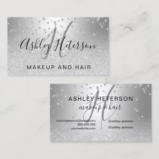 Makeup script confetti Silver glitter metallic Visitekaartje (Voorkant / Achterkant)
