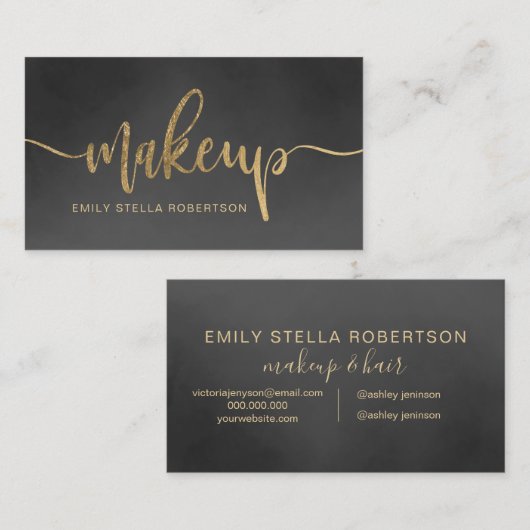 Makeup script typografie gouden zwarte waterverf visitekaartje (Voorkant / Achterkant)