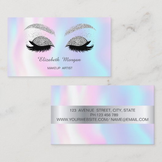 Makeup Silver Glitter Faux Lashes Holographic Visitekaartje (Voorkant / Achterkant)