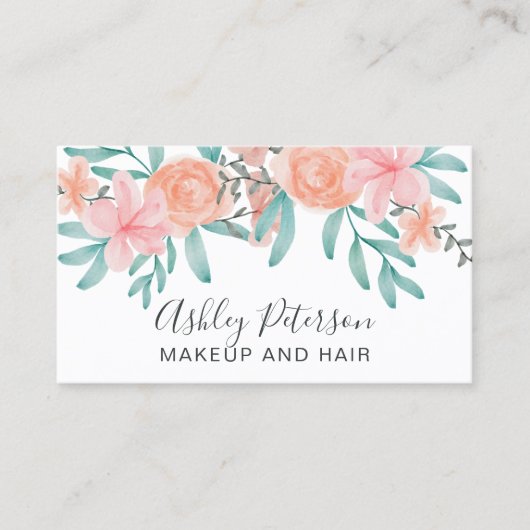 Makeup Spring chic coral floral waterverf Visitekaartje (Voorkant)