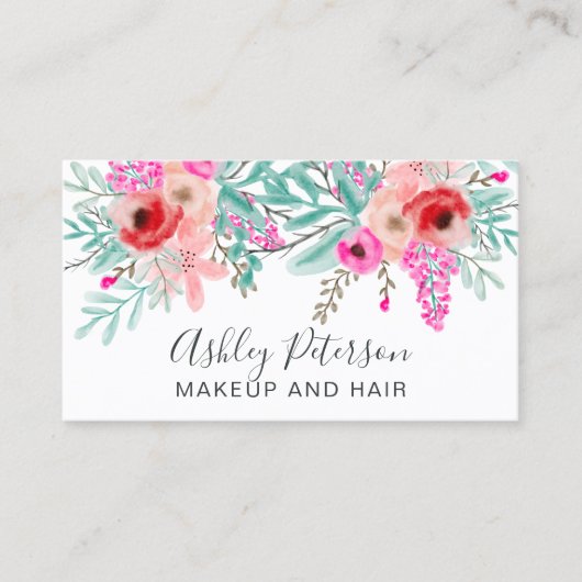 Makeup spring chic mint roze florale waterverf visitekaartje (Voorkant)