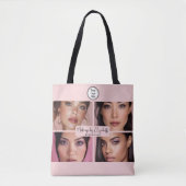 Makeup Studio Blush Roze Script 4 Foto Uw Logo Tote Bag (Voorkant)