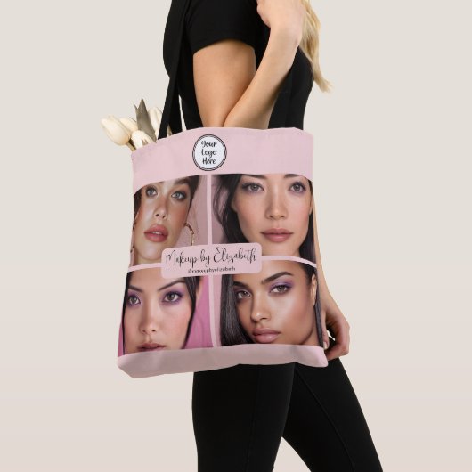 Makeup Studio Blush Roze Script 4 Foto Uw Logo Tote Bag (Dichtbij)