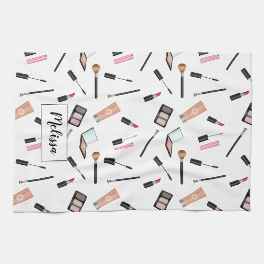 Makeup Stuff Illustrated Pattern Personalized Name Theedoek (Horizontaal)