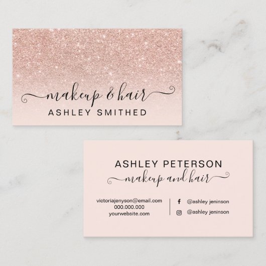 Makeup typografie blauw roos goud glitter ombre visitekaartje (Voorkant / Achterkant)