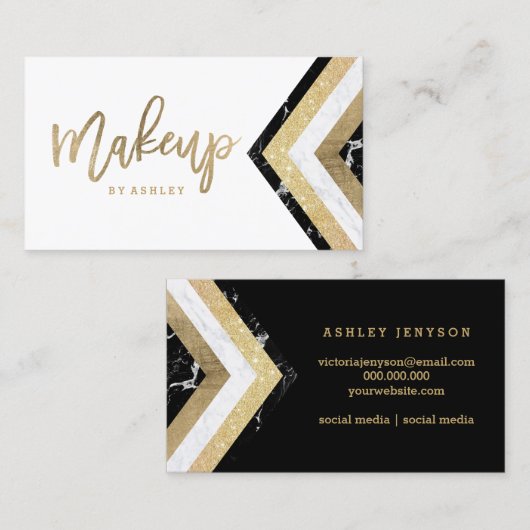 Makeup typografie chevron marble gold strepen visitekaartje (Voorkant / Achterkant)