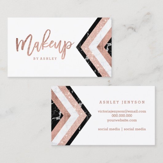 Makeup typografie chevron marble roos gold strepen visitekaartje (Voorkant / Achterkant)
