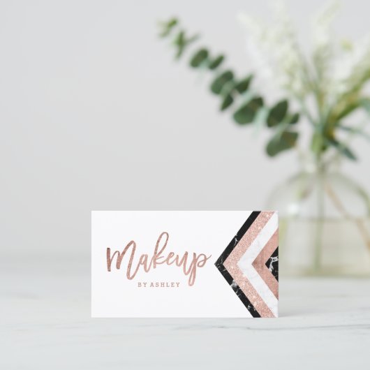 Makeup typografie chevron marble roos gold strepen visitekaartje (Staand voorkant)