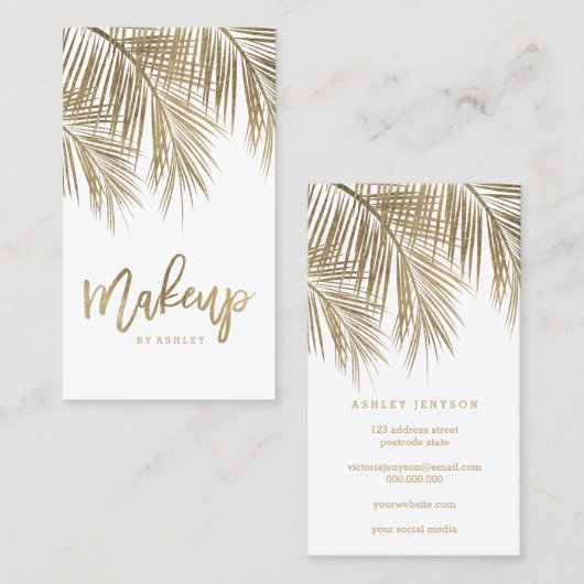Makeup typografie goudpalm blauw wit visitekaartje (Voorkant / Achterkant)