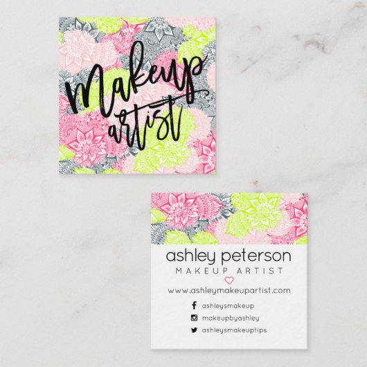 Makeup typografie neon floral mandala roze geel vierkante visitekaartje (Voorkant / Achterkant)