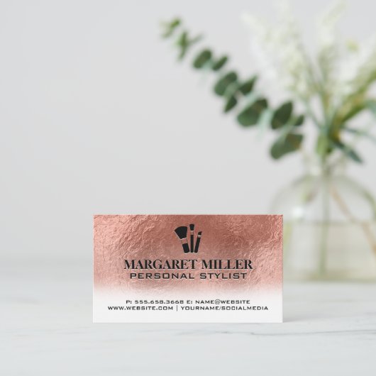 Makeupkwasten | Rose Goud Folie Metaal Visitekaartje (Staand voorkant)