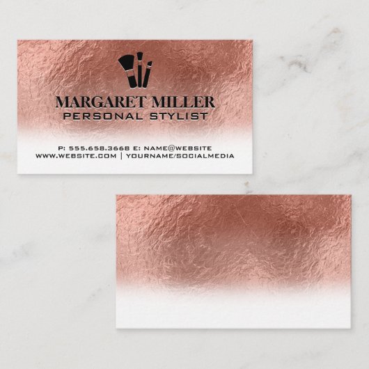 Makeupkwasten | Rose Goud Folie Metaal Visitekaartje (Voorkant / Achterkant)