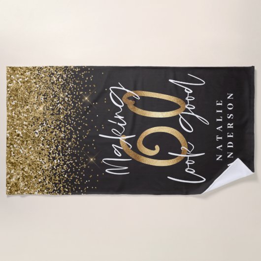 Making 60 kijken goed gouden glitter verjaardag strandlaken (Voorkant)