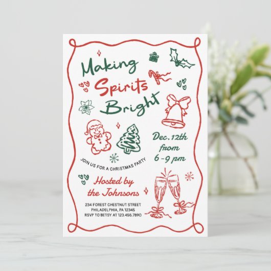 Making Spirits Bright Hand Drawn Christmas Party Kaart (Staand voorkant)