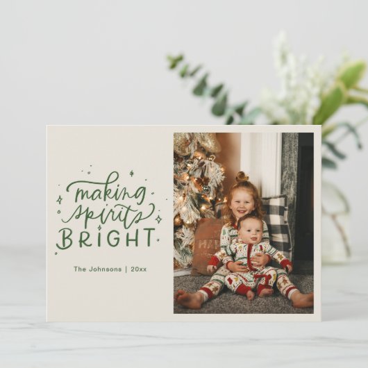 Making Spirits Bright Hand Lettered Foto Feestdagenkaart (Staand voorkant)