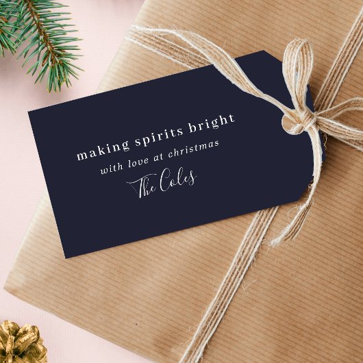 Making Spirits Bright Navy Blue met minimale kerst Cadeaulabel