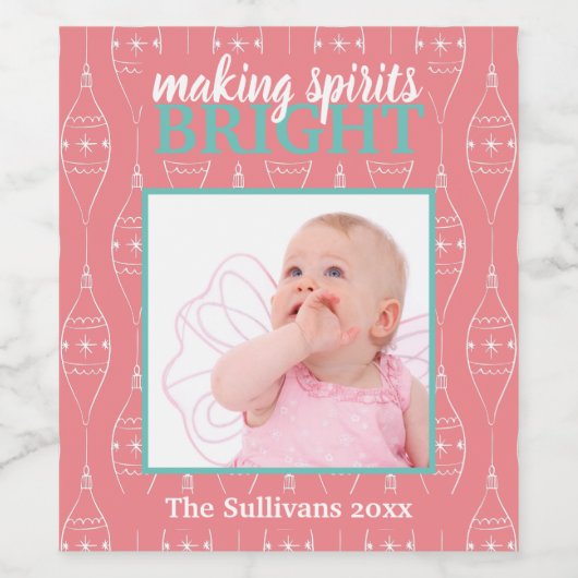 Making Spirits Bright Retro Pink Baby Photo Wijn Etiket (Enkel label)