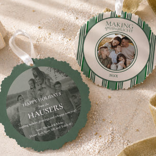 Making Spirits Bright Twee Foto Stripe Ornament Kaart