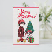 Makkelijk Aangepaste Mopshond met Meisje Kerstkaar Bedankkaart (Staand voorkant)